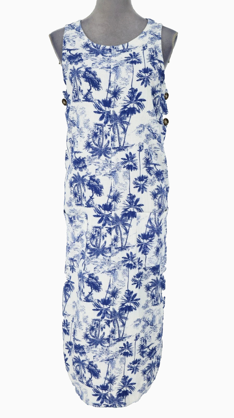 Peck and Peck Dress Womens Medium Ivory Blue Floral Linen Blend Straight Pencil